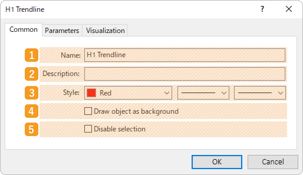 Edit the parameters of the trendline in the three tabs, Common, Parameters, and Visualization