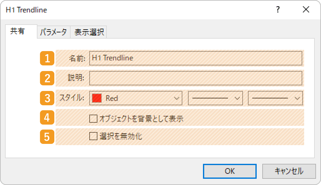 「共有」「パラメータ」「表示選択」の3つのタブ内で並行チャネルの詳細設定