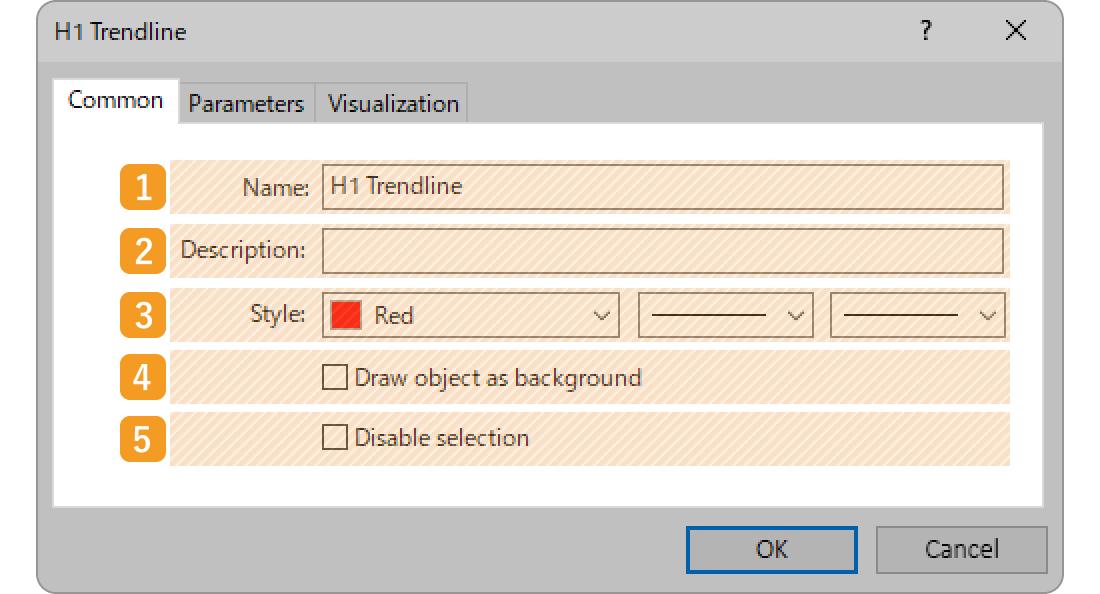 Edit the parameters of the trendline in the three tabs, Common, Parameters, and Visualization