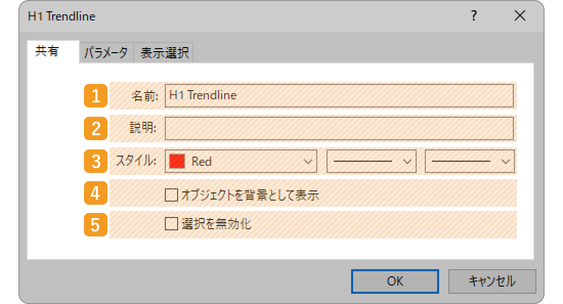 「共有」「パラメータ」「表示選択」の3つのタブ内で並行チャネルの詳細設定