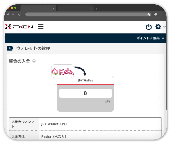 PeskaからFXONへ入金