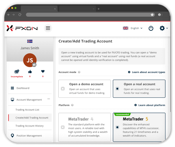 Open an account via the dedicated link